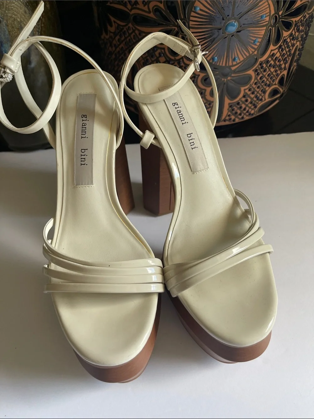 Gianni Bini Ivory Platform Block Heel Sandals - Strappy Ankle Strap Party Resort